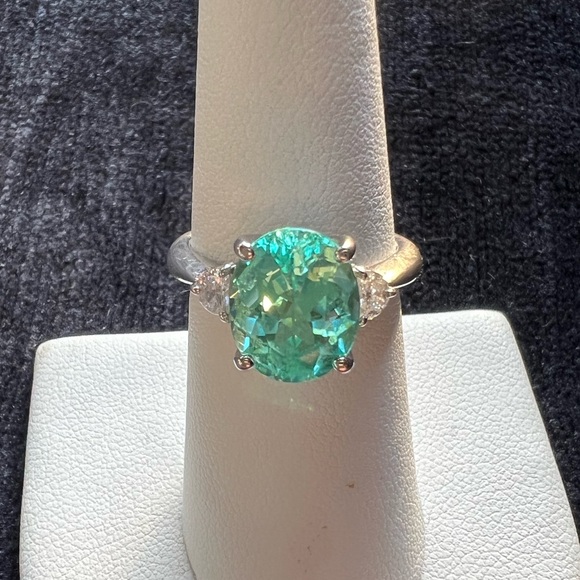3.99 ct. PARAIBA TOURMALINE colorless Half moon cut DIAMONDS 950 PLATINUM ring - Picture 5 of 17